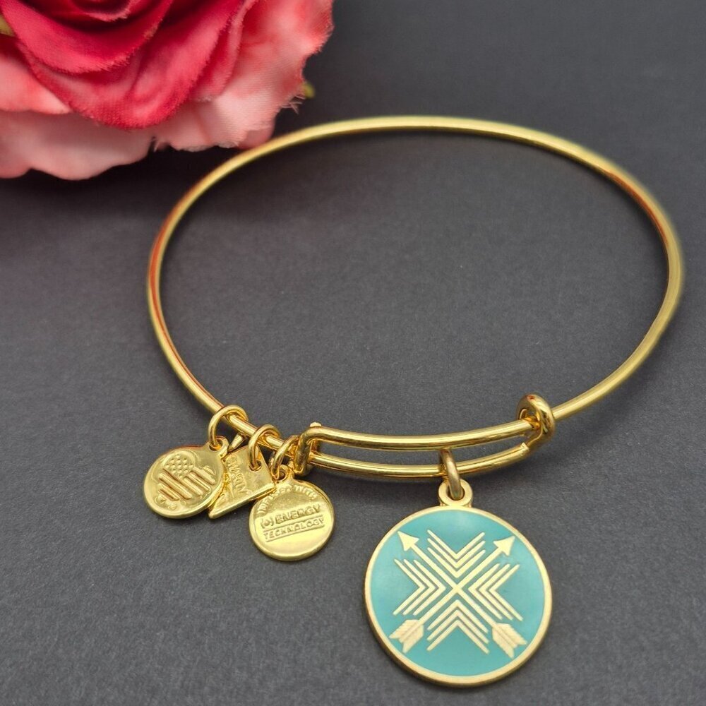 Alex and Ani "Arrows of Friendship" Charm Bracelet Adjustable Gold Tone & Blue